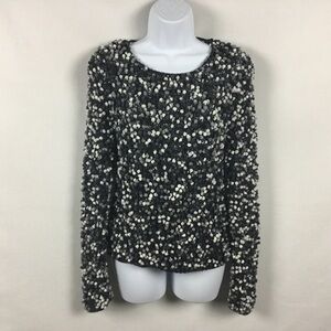 Grey Black & White Wool Blend Long Sleeve Pompom Sweater